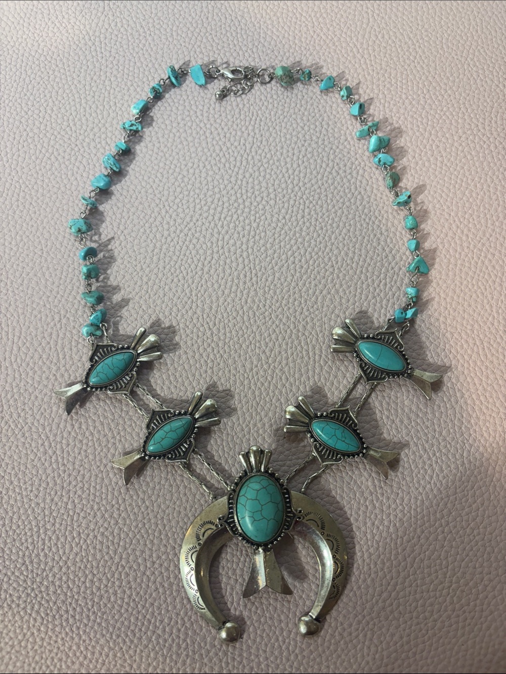 Turquoise Squash Blossom Style Statement Necklace Silver Tone
